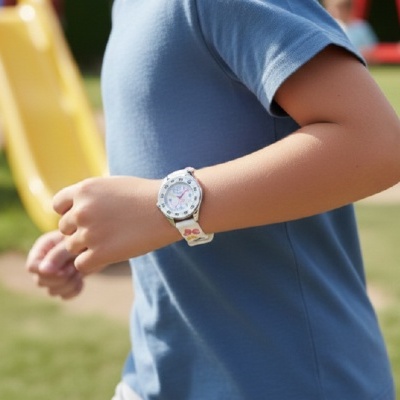 Relógio de pulso infantil branco com números coloridos no pulso de criança a usar camiseta azul em parque
