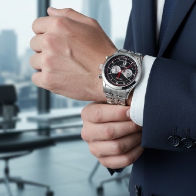 Relógio de pulso masculino prateado com mostrador preto e detalhes vermelhos