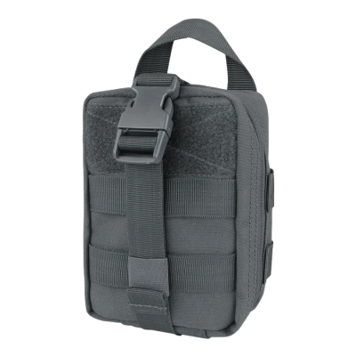 Bolsa tática cinza escuro com fivela preta e alça de mão