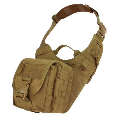 Bolsa tática castanha em tecido com alça e compartimentos