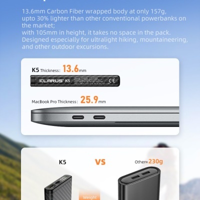 Powerbank K5 impermeável em carbono