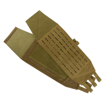 Colete tático bege em tecido com painéis em malha e tiras de fecho