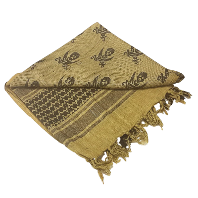 Lenço amarelo mostarda e preto com padrões e franjas