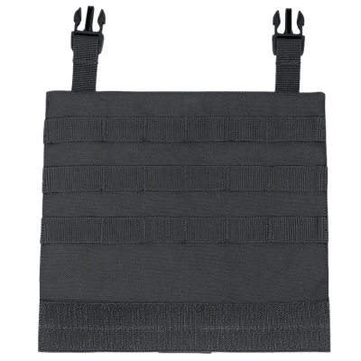 Painel tático preto com fivelas e costuras horizontais