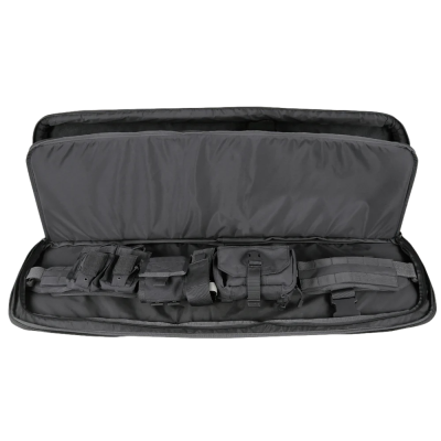 Estojo preto acolchoado com correia e bolsos