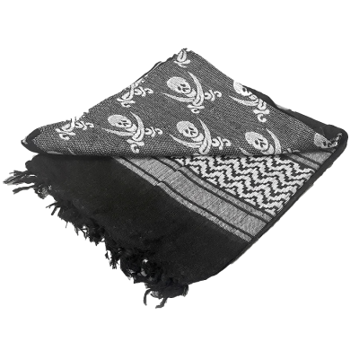 Lenço preto e cinzento com padrões de caveiras e geométricos e franjas.