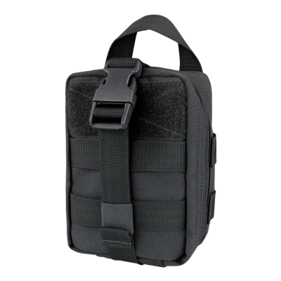 Bolsa preta pequena com fecho de plástico e tiras horizontais