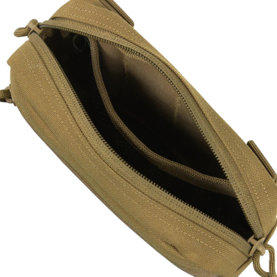 Bolsa pequena de tecido bege com fecho de correr aberta