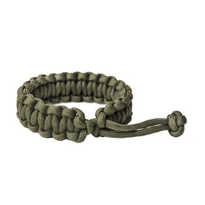 Pulseira trançada verde militar em paracord com nó ajustável