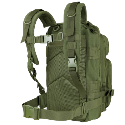 mochila tática verde-oliva com alças ajustáveis e fivelas de plástico