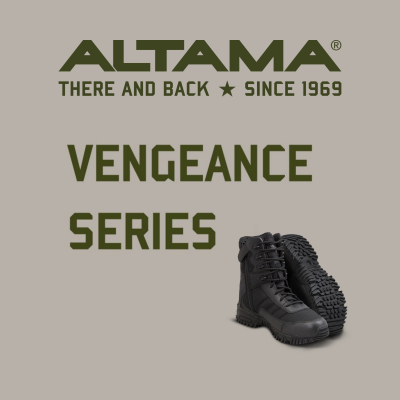 Botas pretas da série Vengeance da ALTAMA com texto promocional