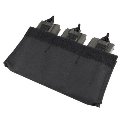 Estojo organizador preto com três divisórias e clips cinzentos