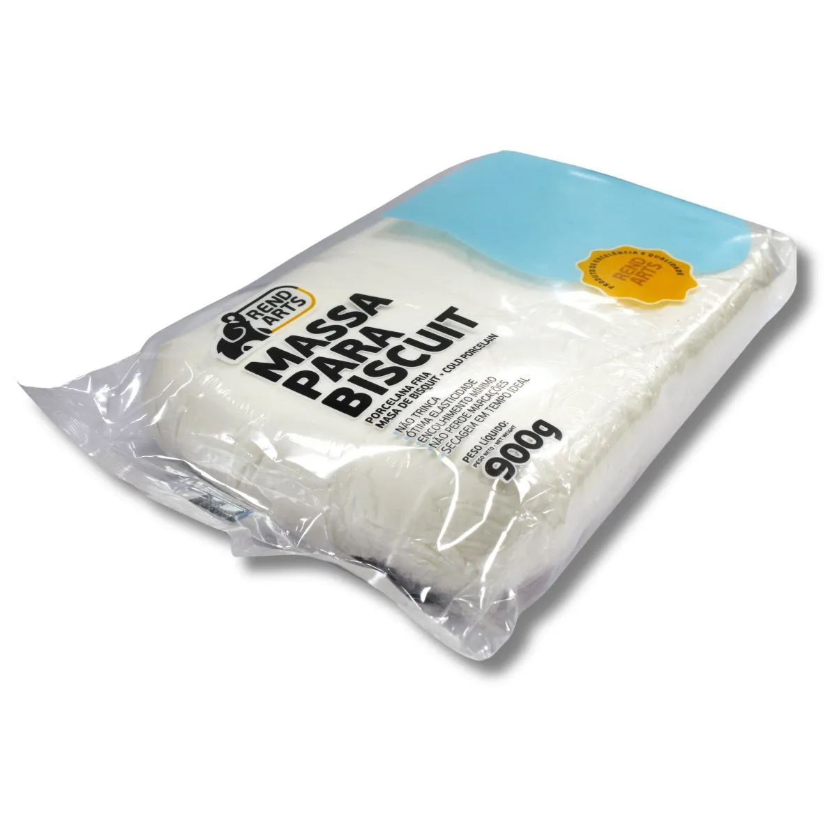 Biscuit Branca 900grs - Rend Arts Pacote de massa para biscuit branca embalado em plástico transparente com etiquetas azul e amarela