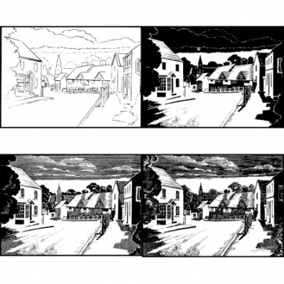 Rua de vila em preto e branco em quatro estilos distintos