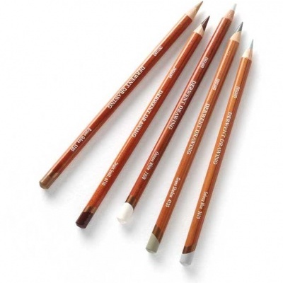 Conjunto de cinco lápis de desenho castanhos com diferentes cores de ponta sobre fundo branco