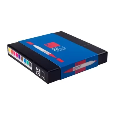 Estojo preto e azul com etiqueta azul de marcadores