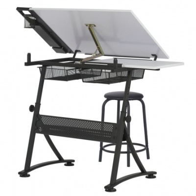 Secretária de desenho branca com estrutura metálica preta e banco alto na mesma cor