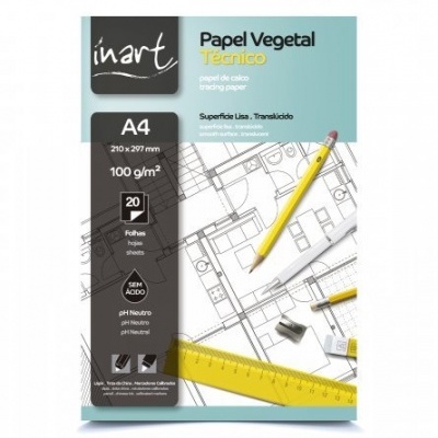 Embalagem de papel vegetal técnico A4 inart com desenhos arquitectónicos e instrumentos de desenho