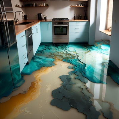 Cozinha moderna com armários azuis claros e piso colorido em padrão abstrato fluido.