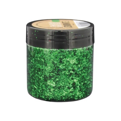 Frasco de plástico com glitter verde dentro e tampa preta