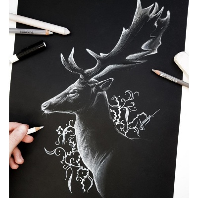 Desenho de cabeça de veado feita a lápis branco em papel preto com decoração floral