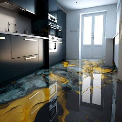 Cozinha moderna com armários cinza e chão com padrão abstrato em preto e dourado.