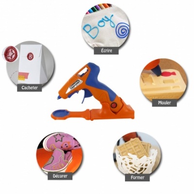 Pistola aplicadora de cola quente azul e laranja com exemplos de uso em círculos