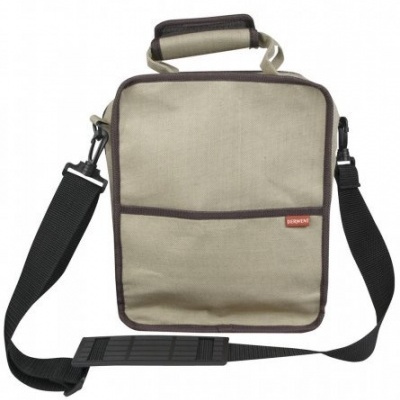 Bolsa de transporte bege com alça preta e bordas castanhas