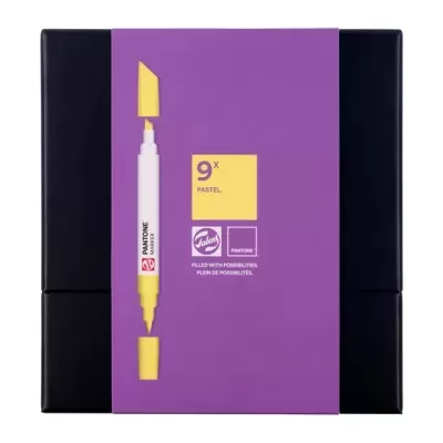 Caixa de marcadores Pantone pastel com embalagem roxa e tampas amarelas.