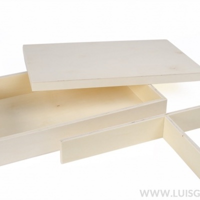 Caixa de madeira branca com tampa e divisórias destacadas