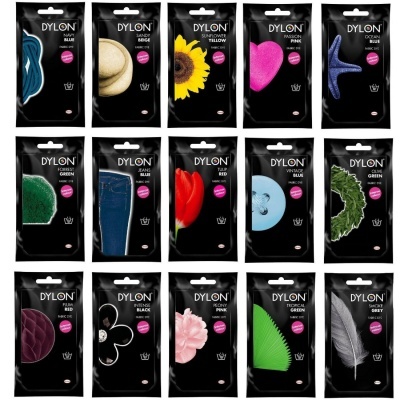 Embalagens de corantes DYlON com diferentes cores exibidas, cada uma com um objeto colorido correspondente.