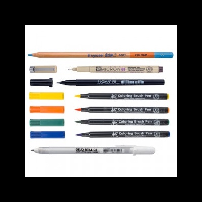 Conjunto de canetas e lápis de desenho organizados sobre fundo branco