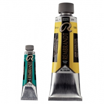 Dois tubos de tinta a óleo Rembrandt em metal com rótulos amarelo e verde