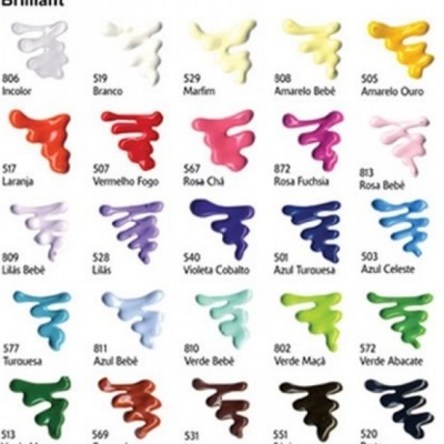 Paleta de cores de tinta com 30 amostras em gotas e nomes em português