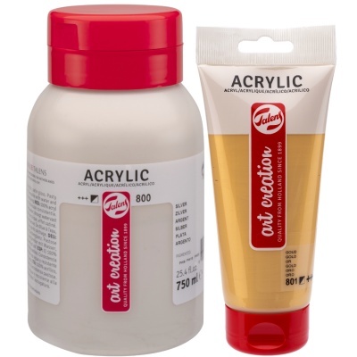 Dois frascos de tinta acrílica Talens, um grande branco com tampa vermelha e um tubo dourado pequeno.