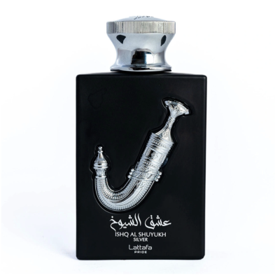 Frasco de perfume preto com decoração prateada e texto branco