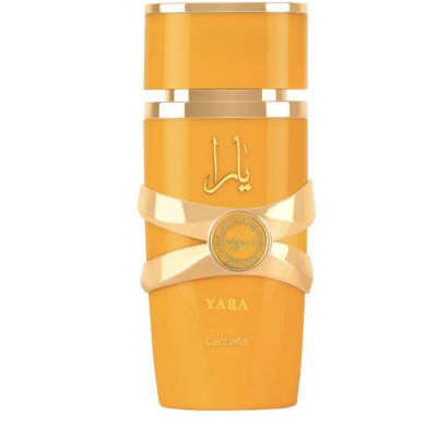 Frasco de perfume amarelo com detalhes dourados e texto 'YARA' e 'Lattafa'