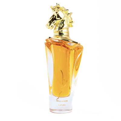 Frasco de perfume âmbar com tampa dourada forma cabeça de cavalo