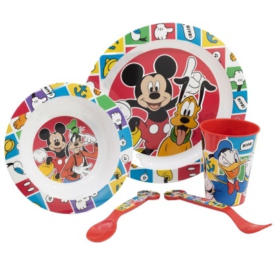 Conjunto 5 peças Mickey (prato, taça, copo e talheres)