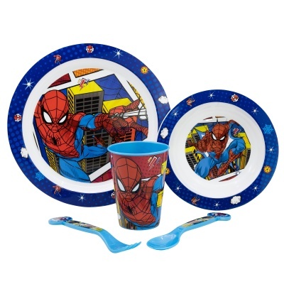 Conjunto 5 peças Homem Aranha (prato, taça, copo e talheres)