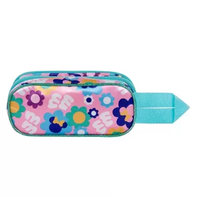 Estojo retangular colorido com padrão floral e fecho azul-turquesa