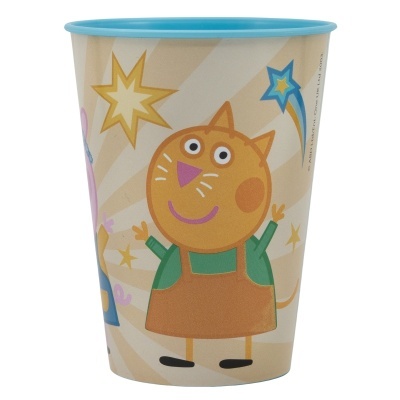 Copo infantil decorado com gato sorridente e estrelas coloridas