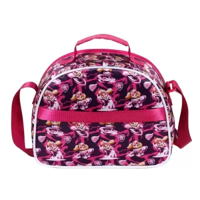 Bolsa de viagem rosa com padrão de bonecas vestidas de rosa