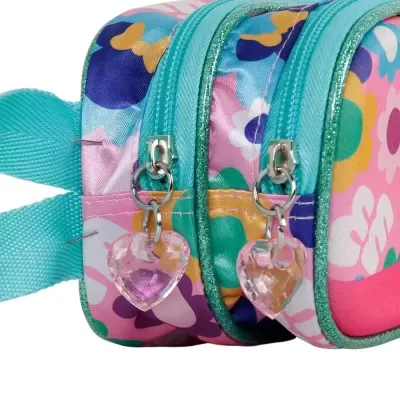 Mochila pequena colorida com padrão floral e fechos de correr com corações