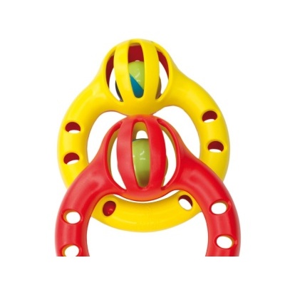 Brinquedos circulares para animais, amarelo e vermelho, com bolas multicoloridas no centro