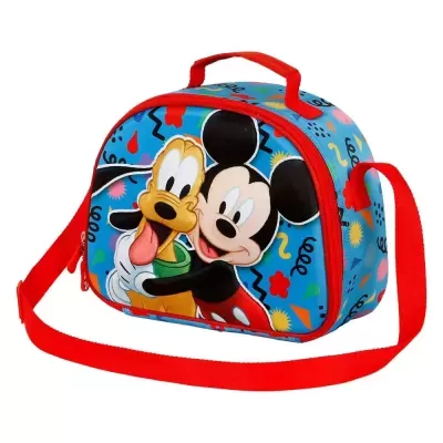 Bolsa infantil azul com estampa de Mickey Mouse e Pluto, fecho e alça vermelhos