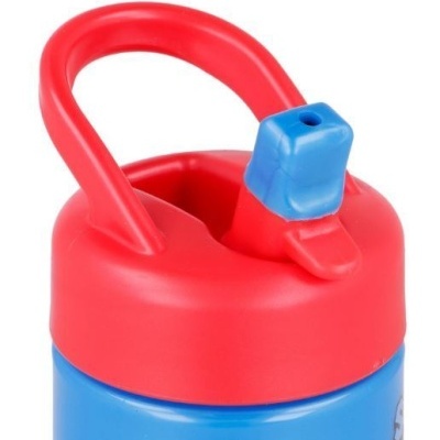 Garrafa desportiva azul com tampa vermelha e bico azul