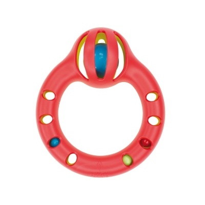 Brinquedo azul e vermelho para bebé em forma circular com bolas coloridas.