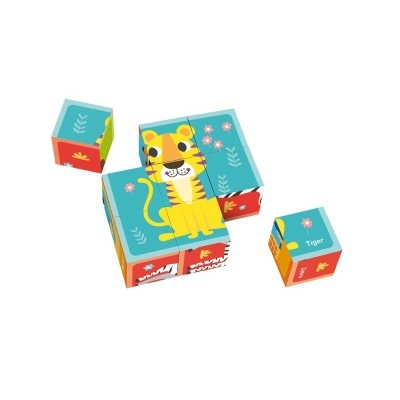 Cubos de empilhar coloridos com figura de tigre e texto 'Tiger'