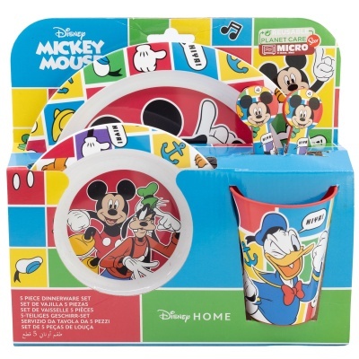 Conjunto 5 peças Mickey (prato, taça, copo e talheres)